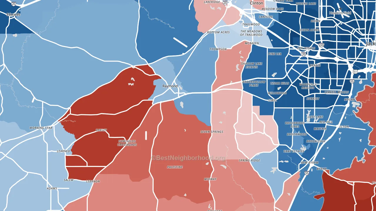 Raymond, MS block-group political-lean map