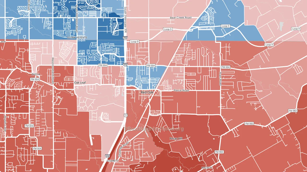 Red Oak, TX block-group political-lean map