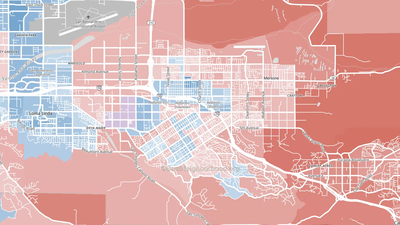 Redlands, CA block-group political-lean map