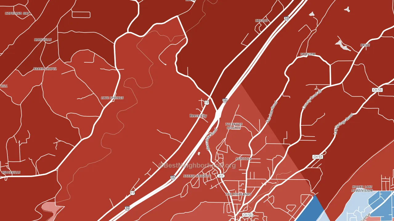 Reece City, AL block-group political-lean map