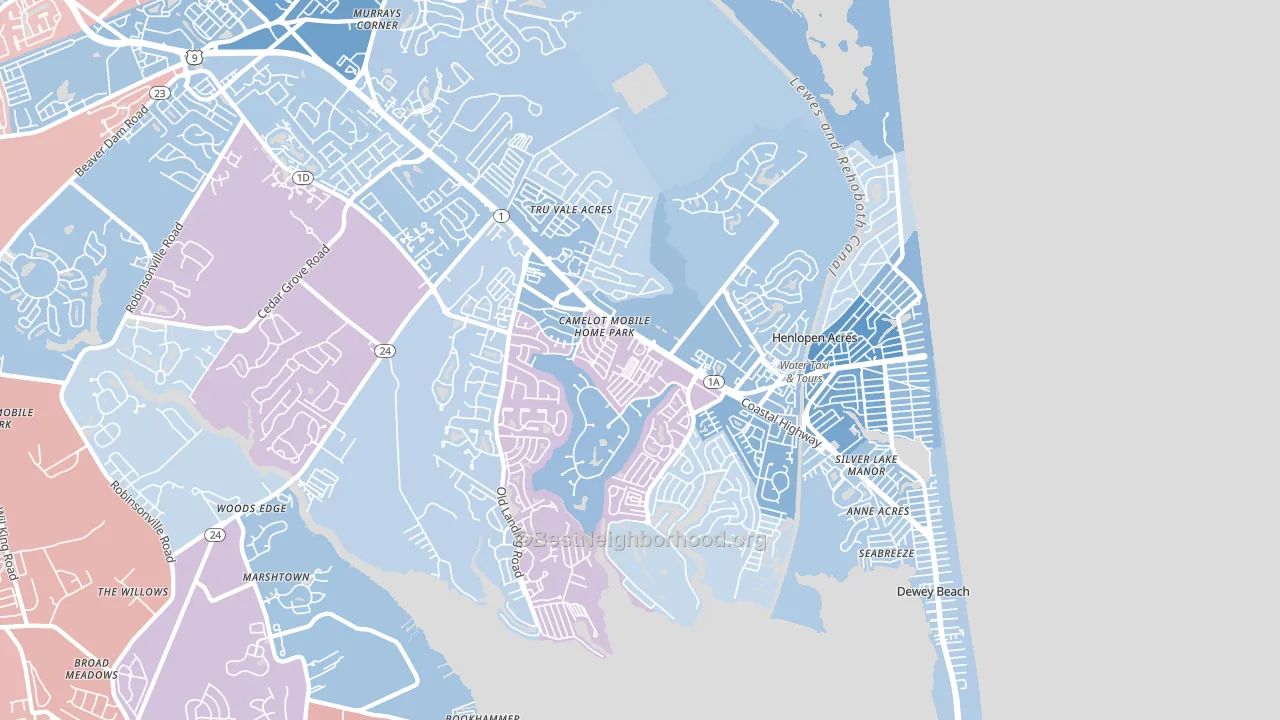 Rehoboth Beach, DE block-group political-lean map