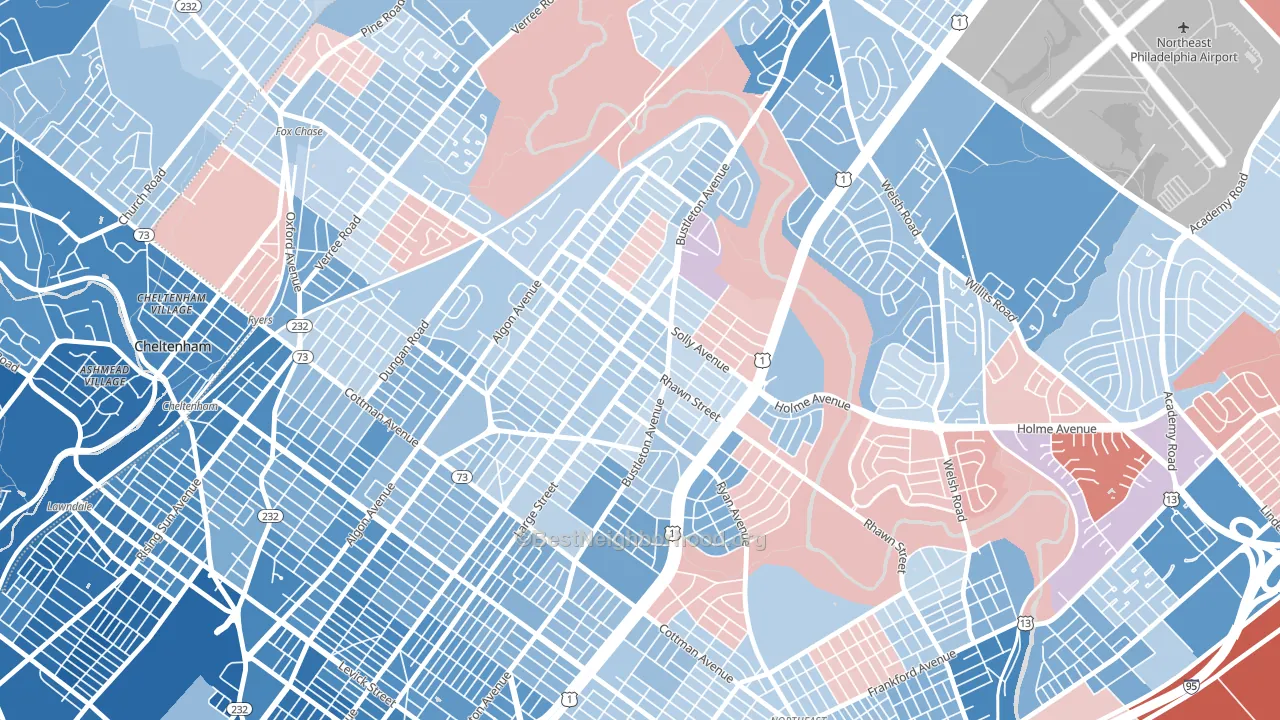 Rhawnhurst, Philadelphia, PA block-group political-lean map