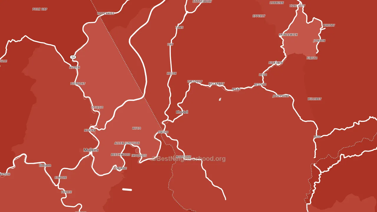 Rhodell, WV block-group political-lean map