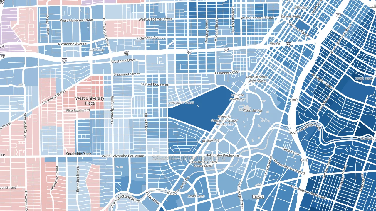 Rice, Houston, TX block-group political-lean map