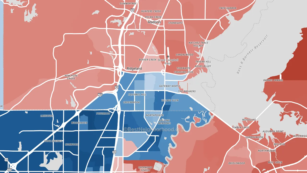 Ridgeland, MS block-group political-lean map