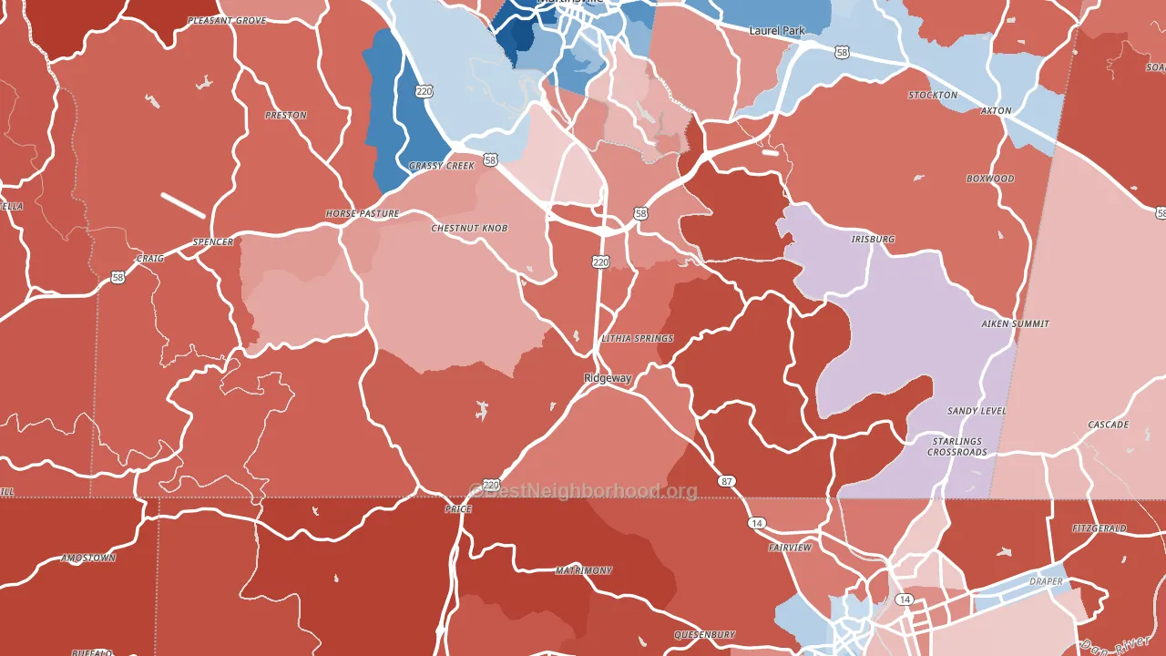 Ridgeway, VA block-group political-lean map