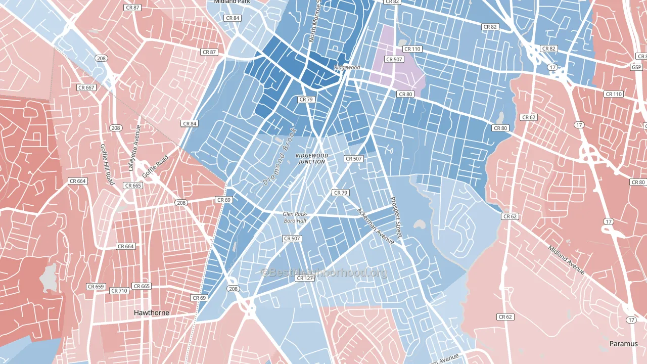 Ridgewood Junction, Glen Rock, NJ block-group political-lean map