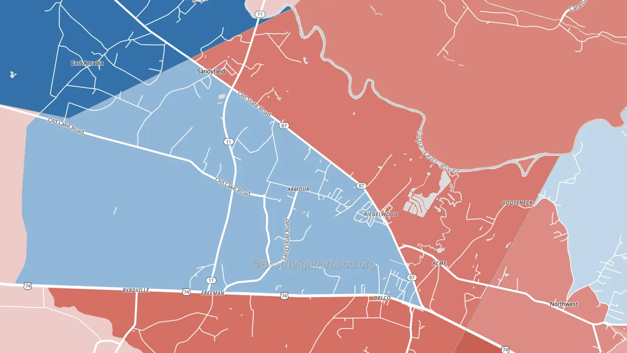 Riegelwood, NC block-group political-lean map