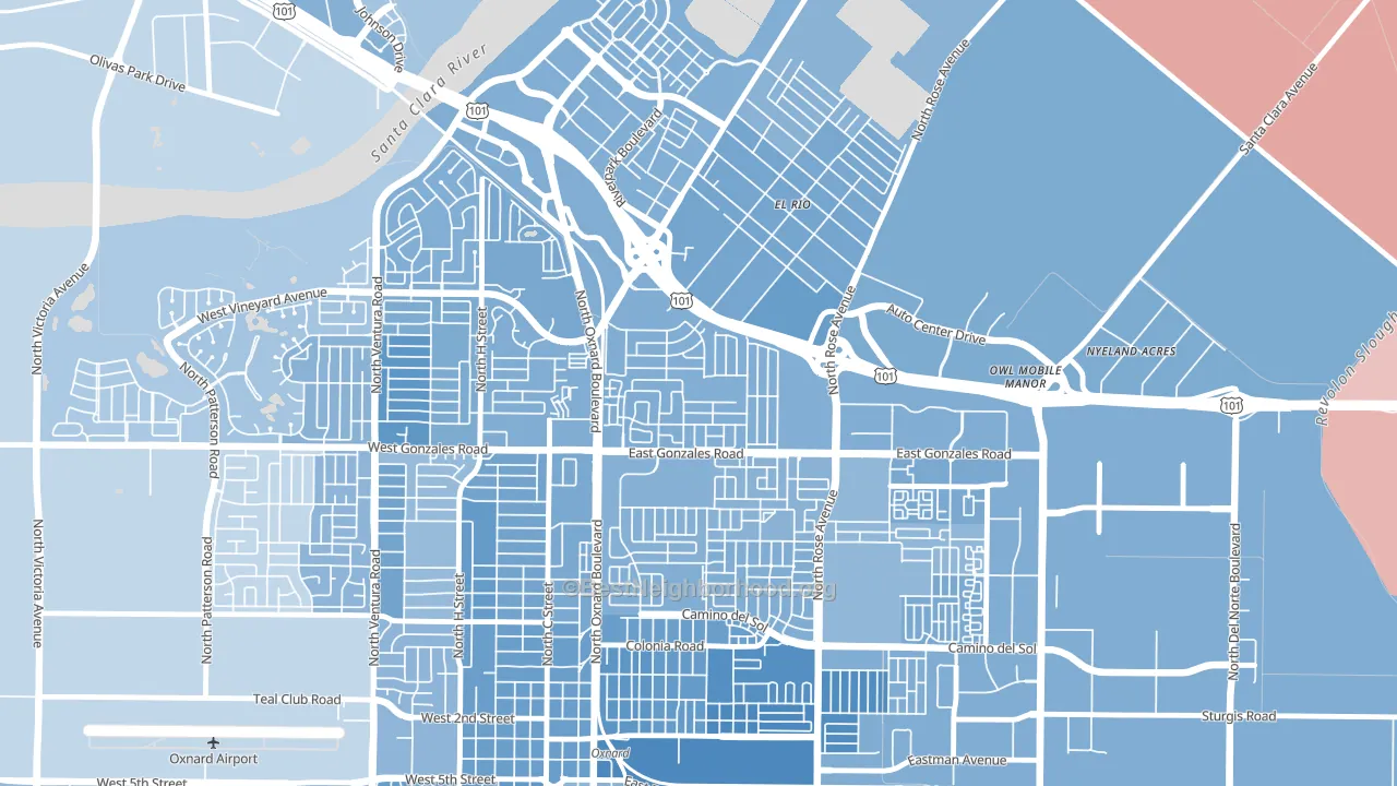 Rio Lindo, Oxnard, CA block-group political-lean map