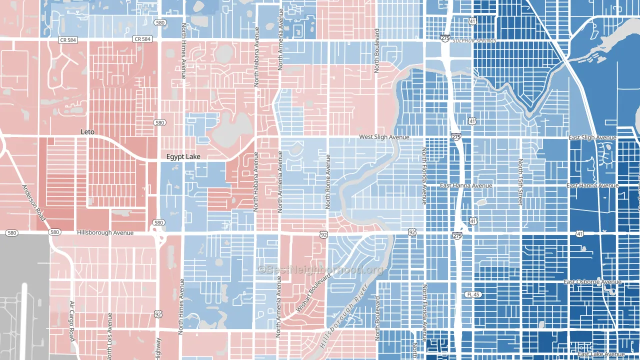 Riverbend, Tampa, FL block-group political-lean map