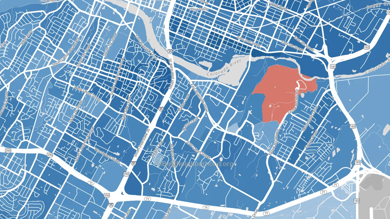 Riverside, Austin, TX block-group political-lean map