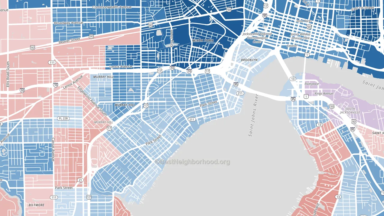 Riverside, Jacksonville, FL block-group political-lean map