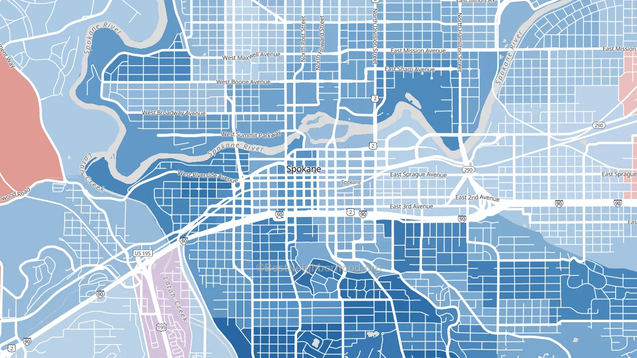 Riverside, Spokane, WA block-group political-lean map