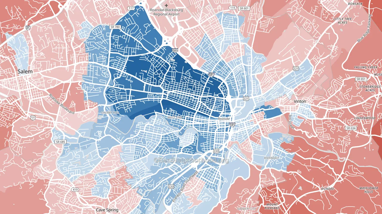 Roanoke City, VA block-group political-lean map