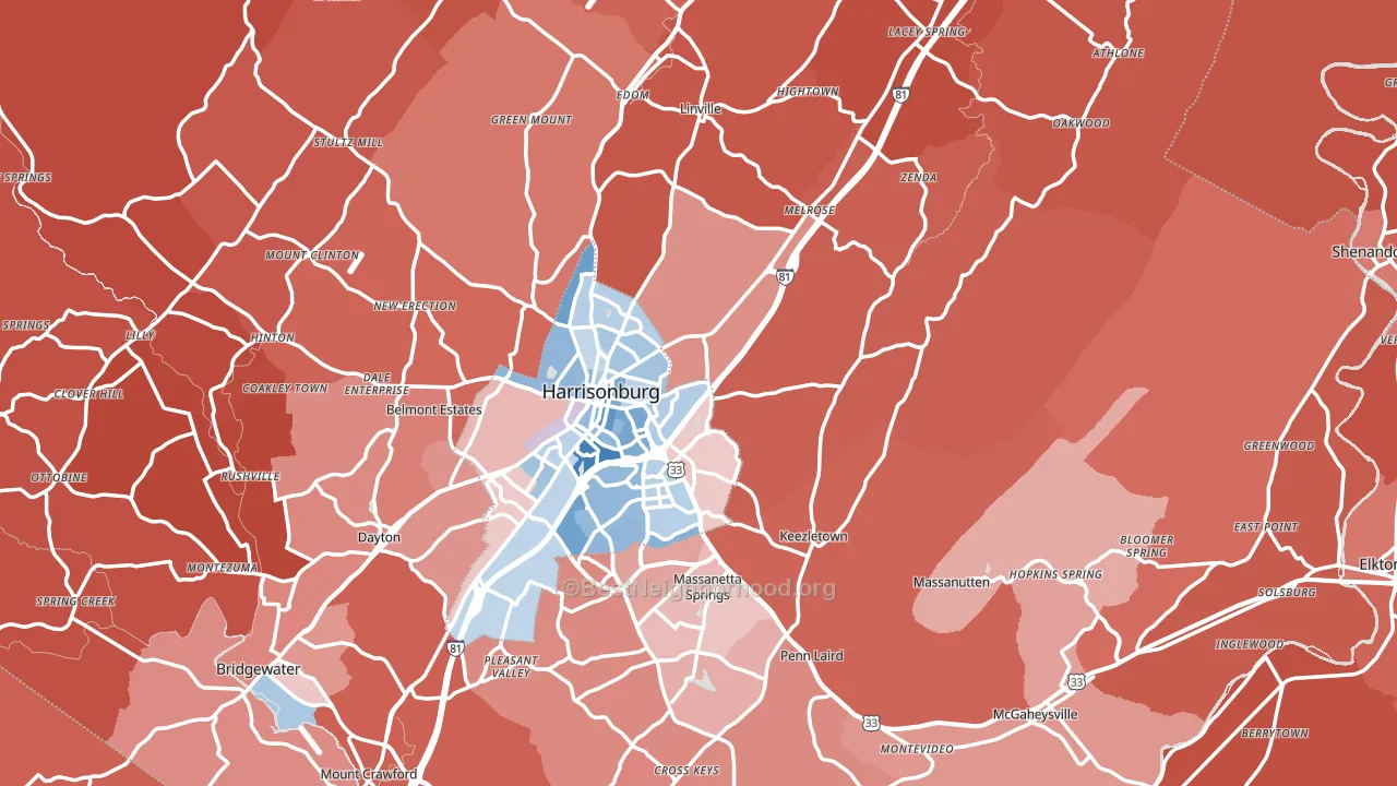Rockingham County, VA block-group political-lean map