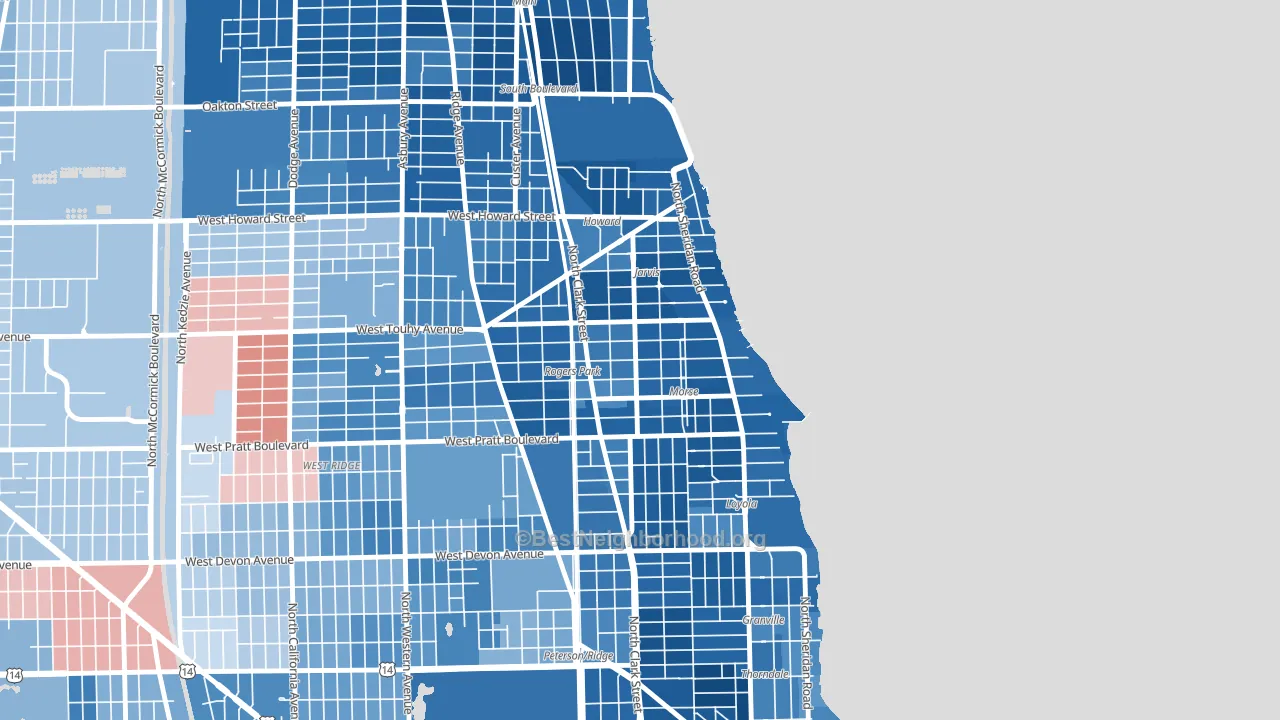 Rogers Park, Chicago, IL block-group political-lean map