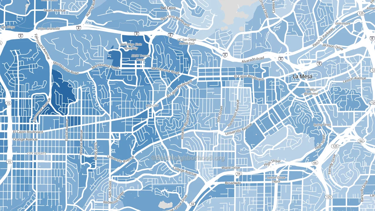Rolando, San Diego, CA block-group political-lean map