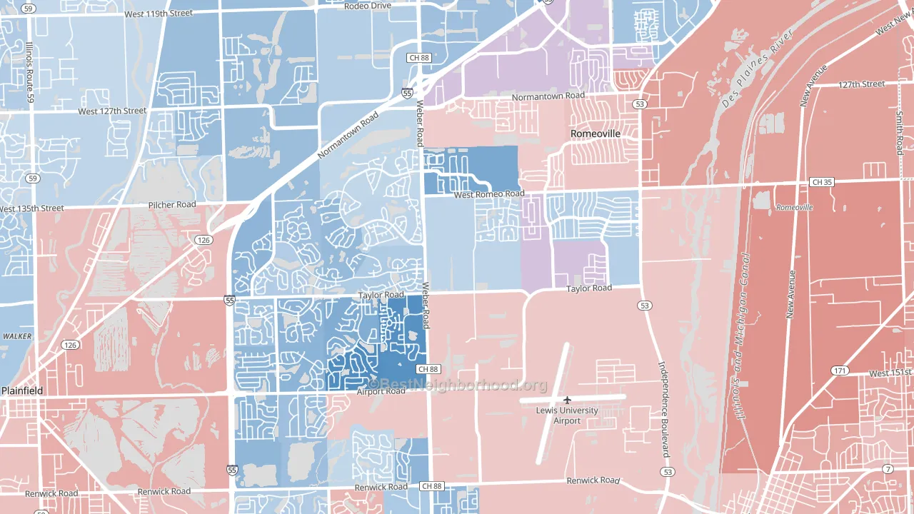 Romeoville, IL block-group political-lean map