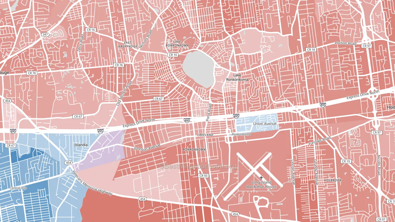 Ronkonkoma, NY block-group political-lean map