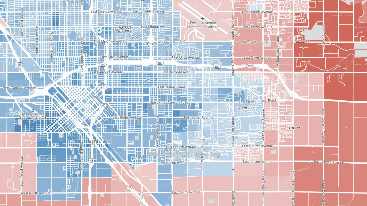 Roosevelt, Fresno, CA block-group political-lean map