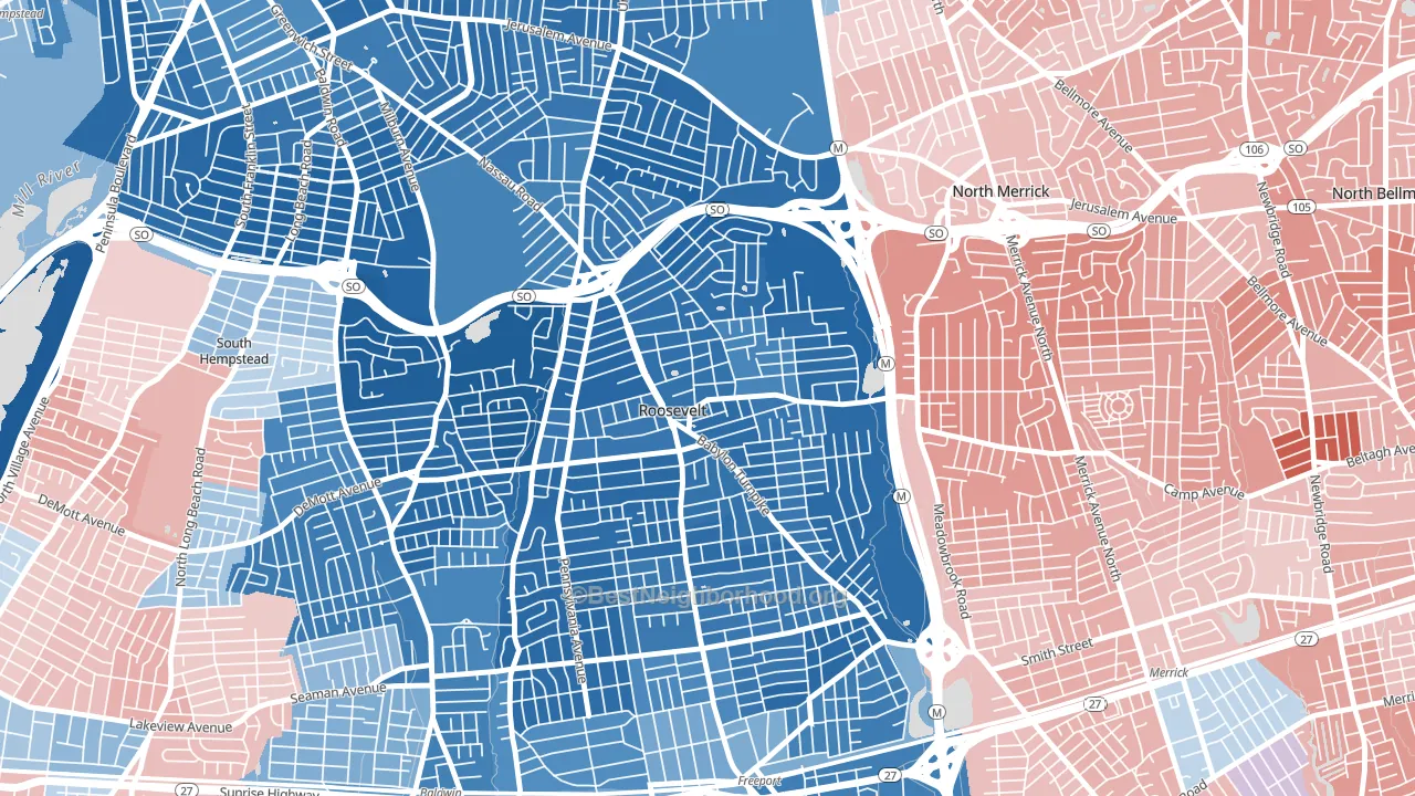 Roosevelt, NY block-group political-lean map