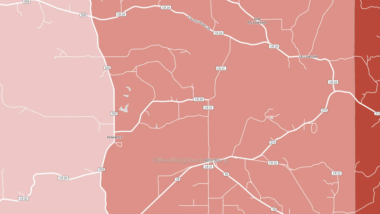 Rose Hill, MS block-group political-lean map