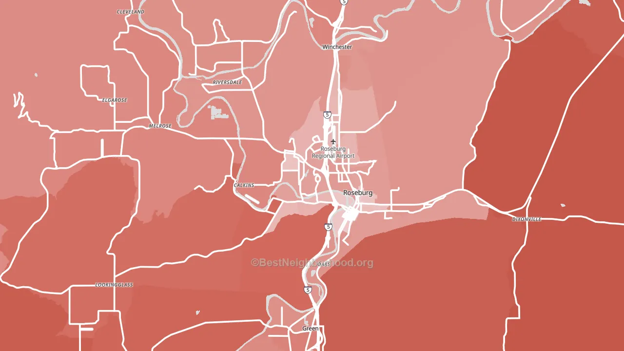 Roseburg, OR block-group political-lean map