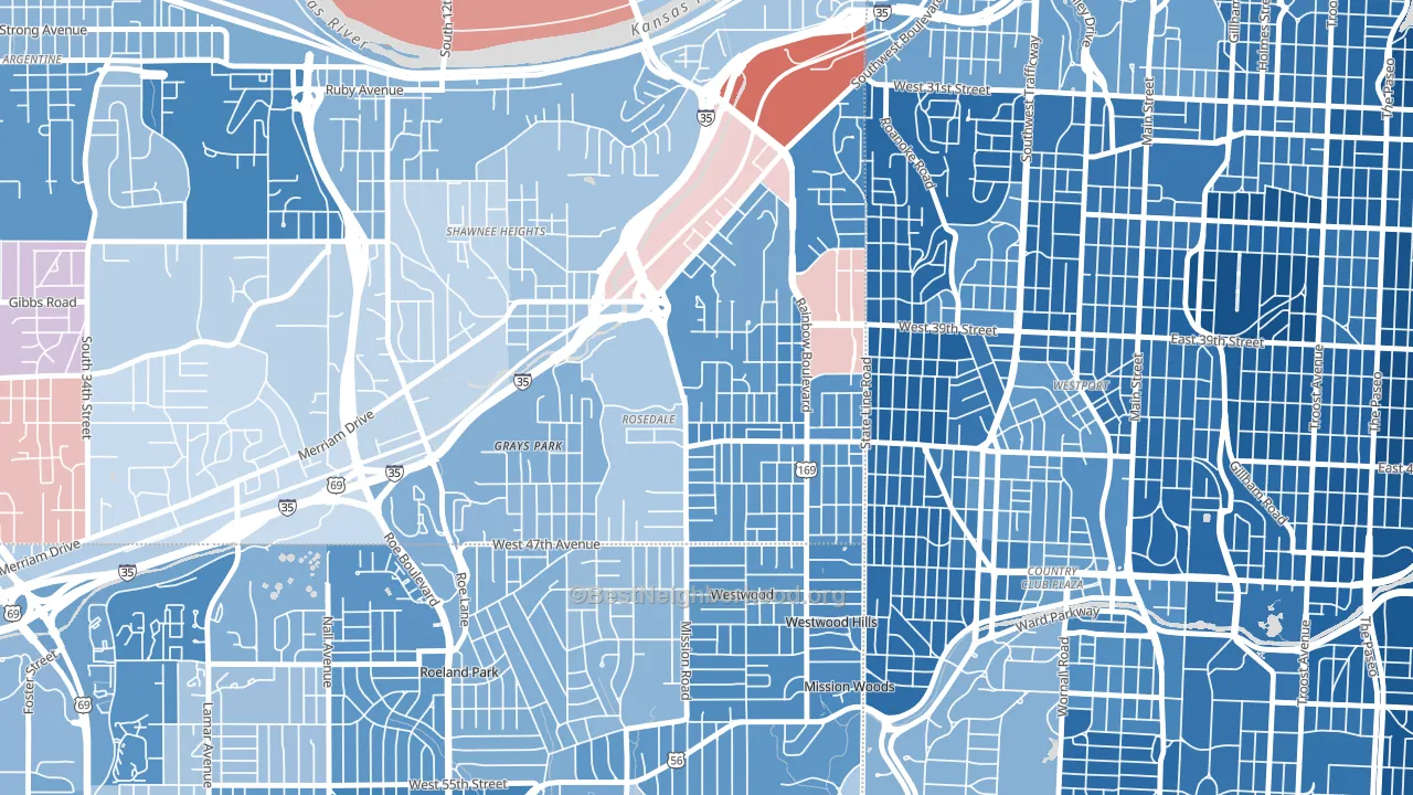 Rosedale, Kansas City, KS block-group political-lean map