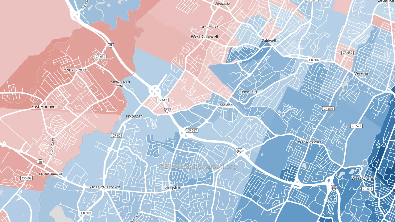 Roseland, NJ block-group political-lean map