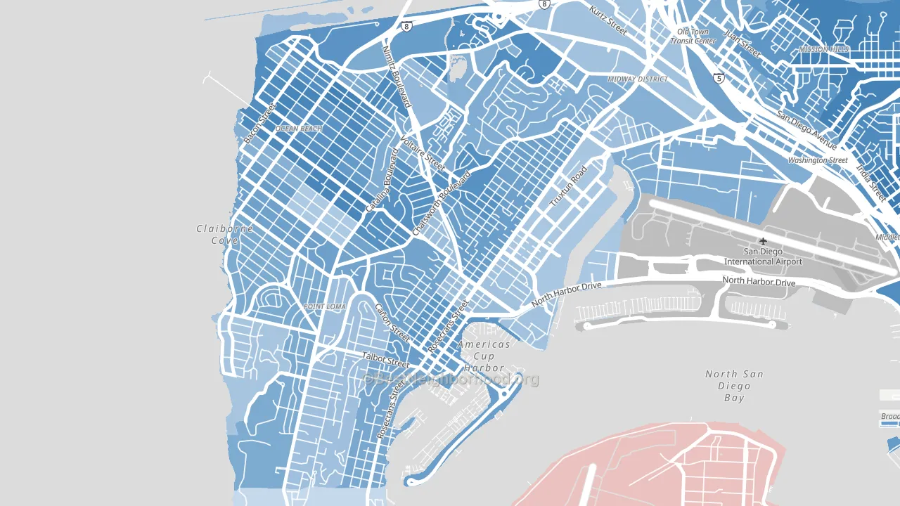 Roseville, San Diego, CA block-group political-lean map