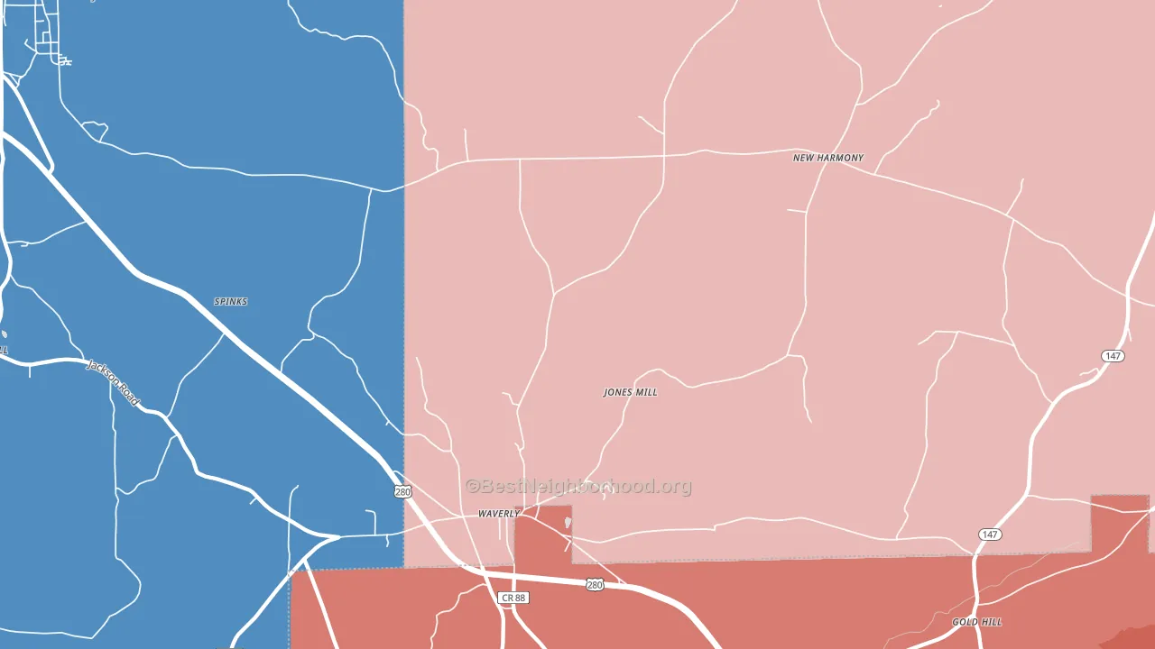 Round Mountain, AL block-group political-lean map