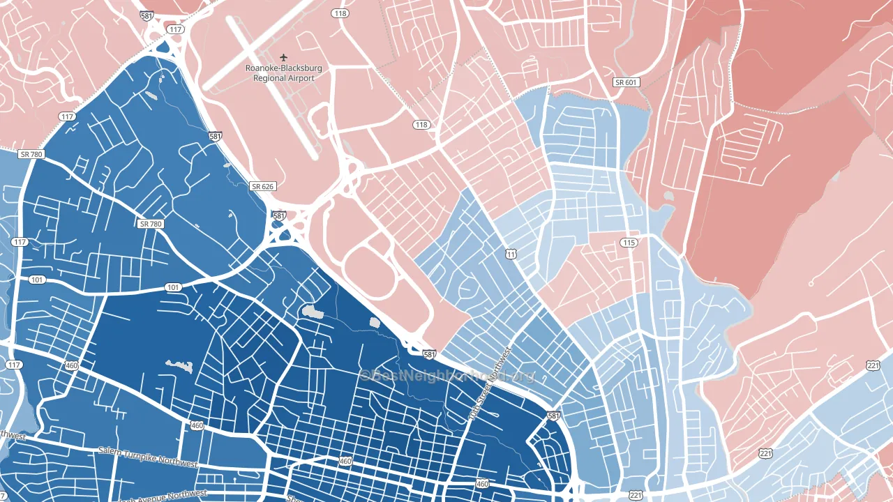 Roundhill, Roanoke, VA block-group political-lean map