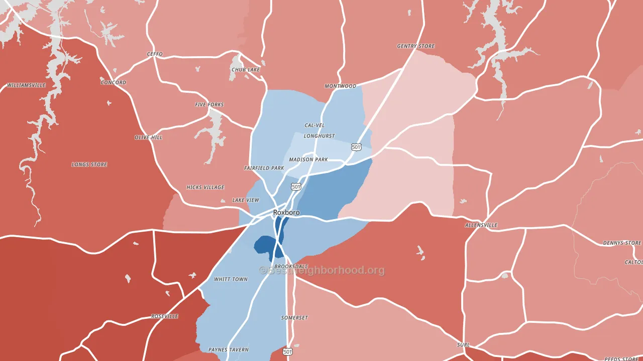 Roxboro, NC block-group political-lean map
