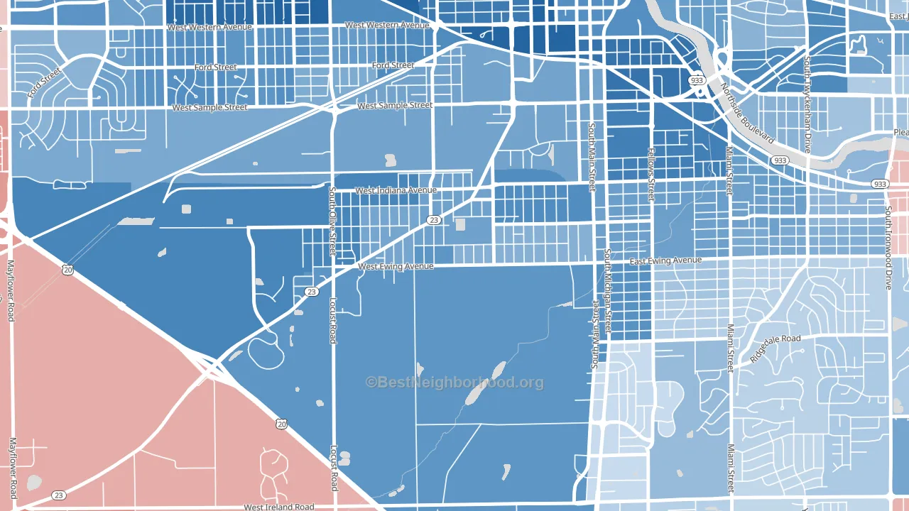 Rum Village, South Bend, IN block-group political-lean map