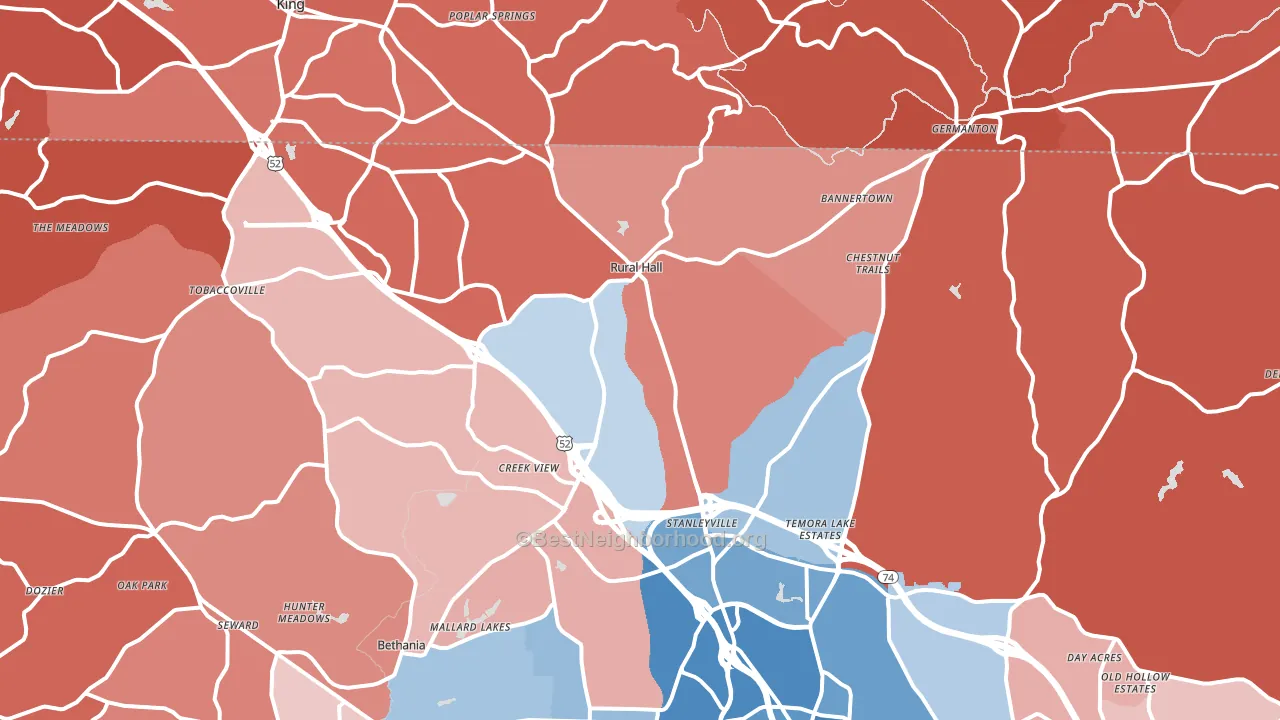 Rural Hall, NC block-group political-lean map
