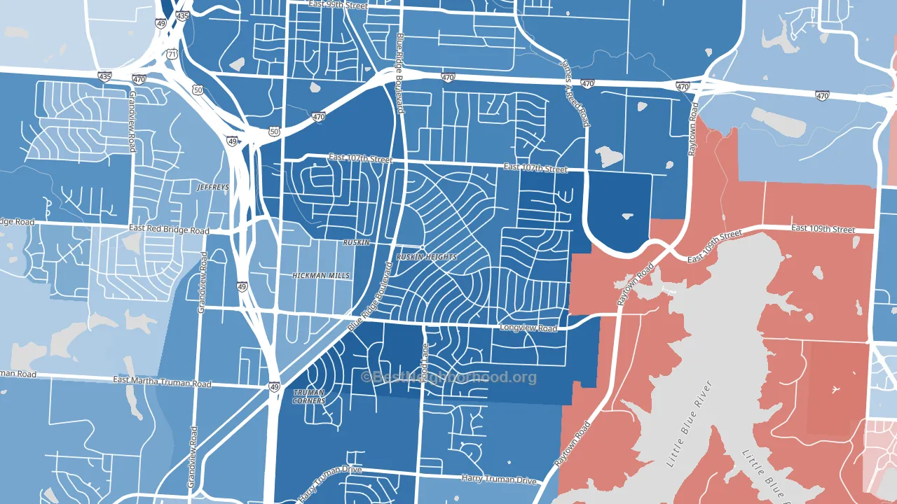 Ruskin Heights, Kansas City, MO block-group political-lean map