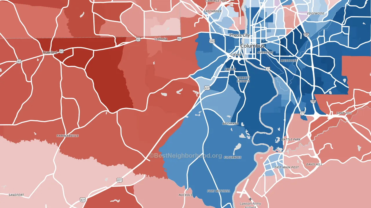 Russell County, AL block-group political-lean map