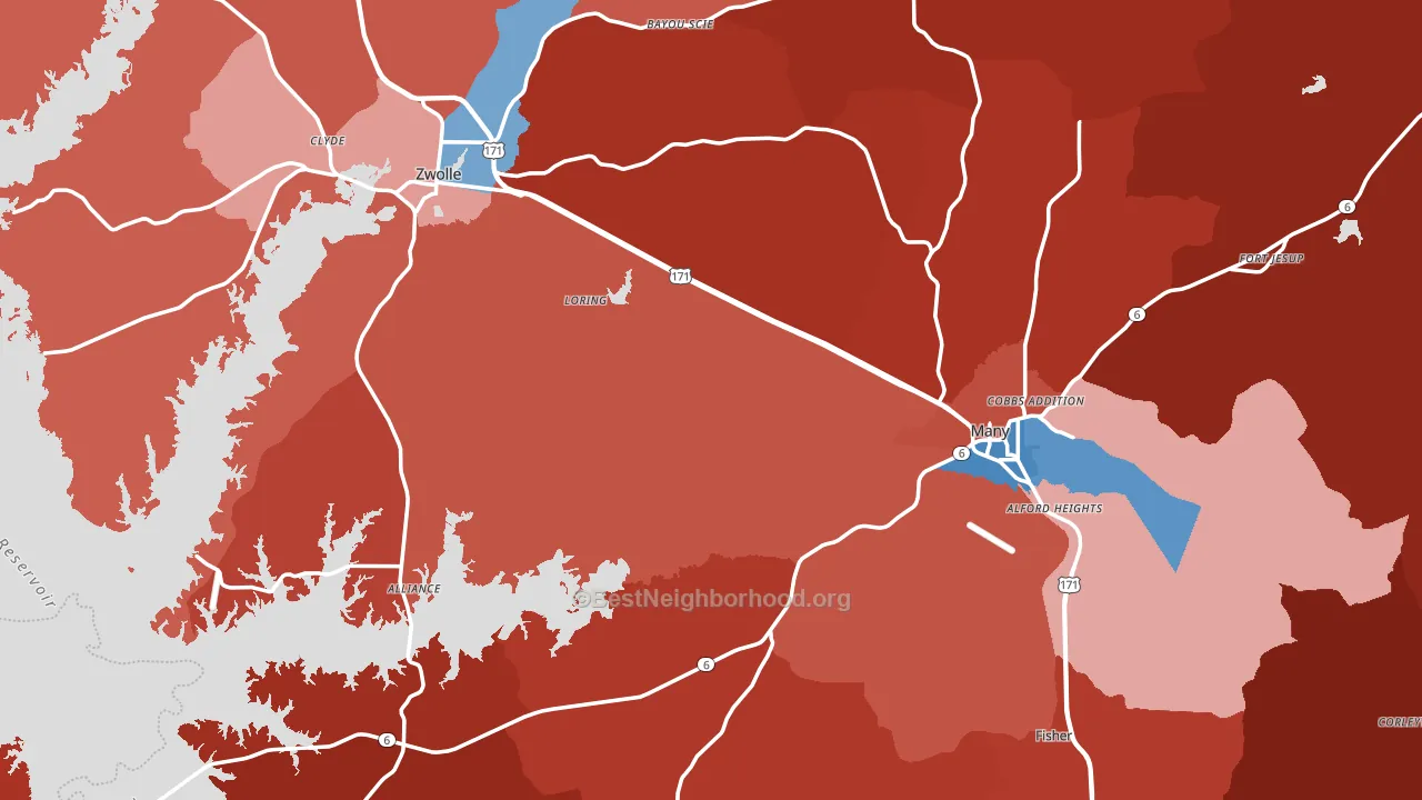 Sabine Parish, LA block-group political-lean map