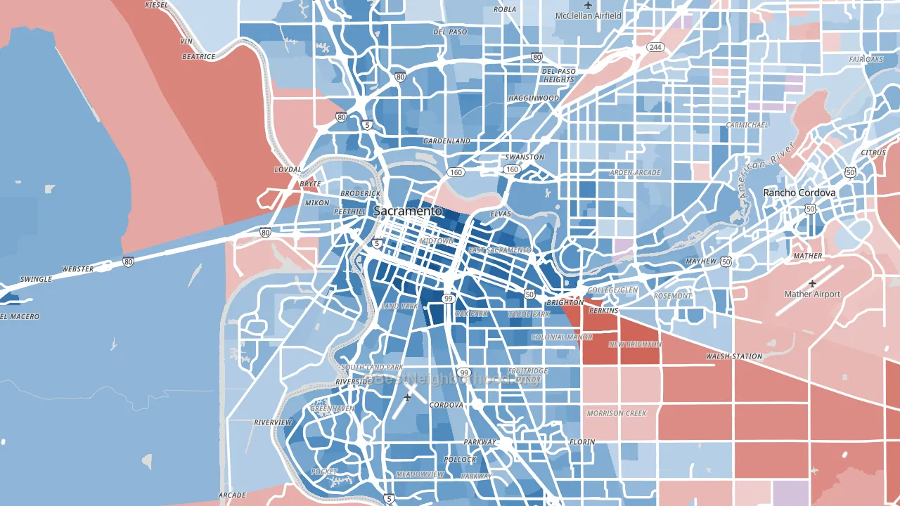 Sacramento, CA block-group political-lean map