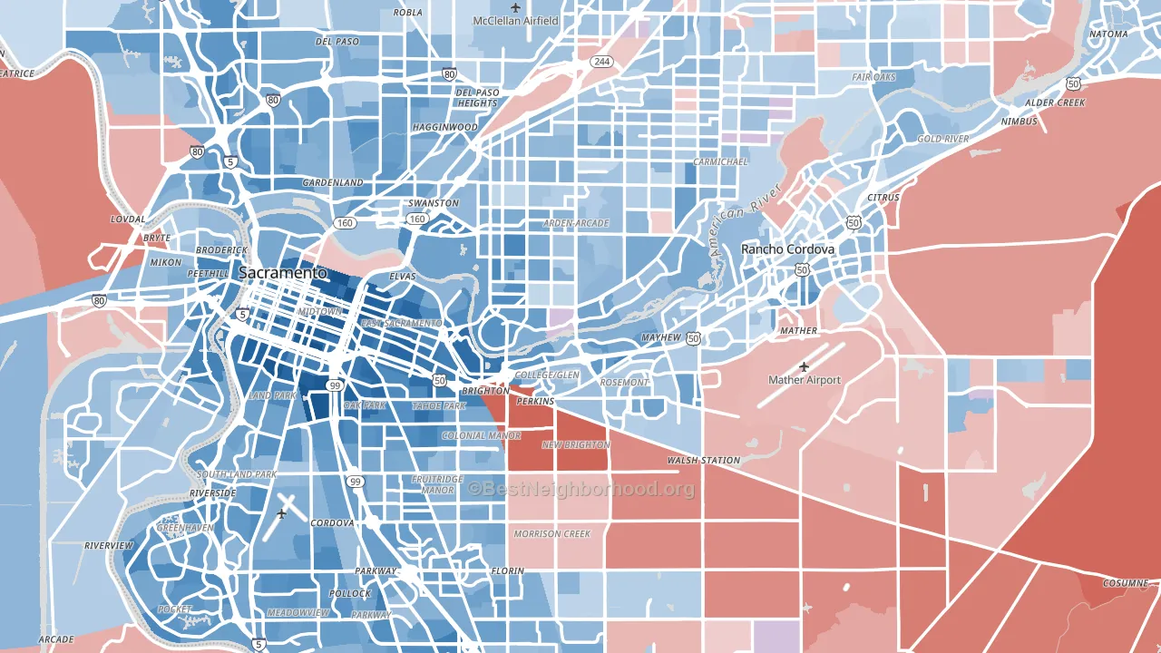 Sacramento County, CA block-group political-lean map