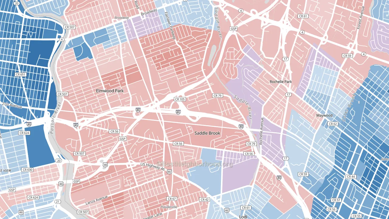 Saddle Brook, NJ block-group political-lean map