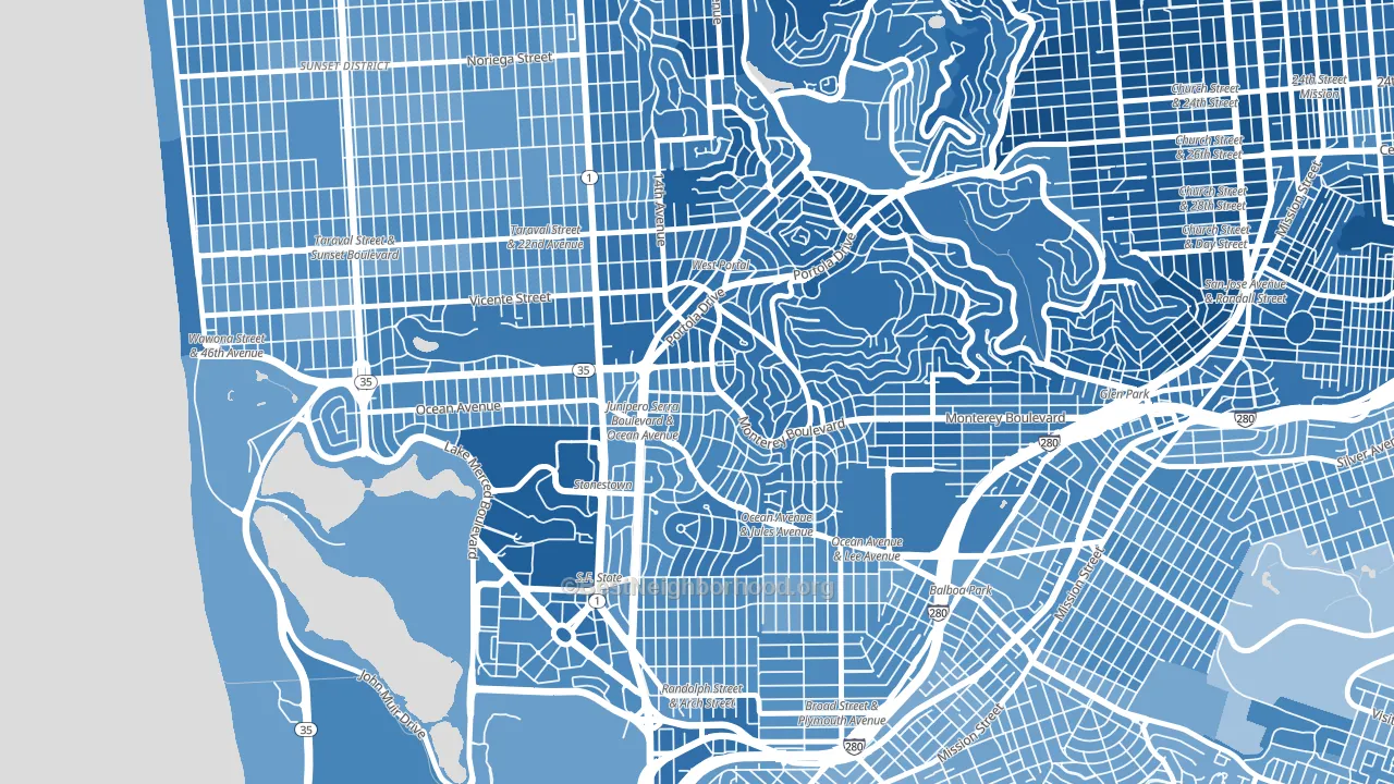 Saint Francis Wood, San Francisco, CA block-group political-lean map