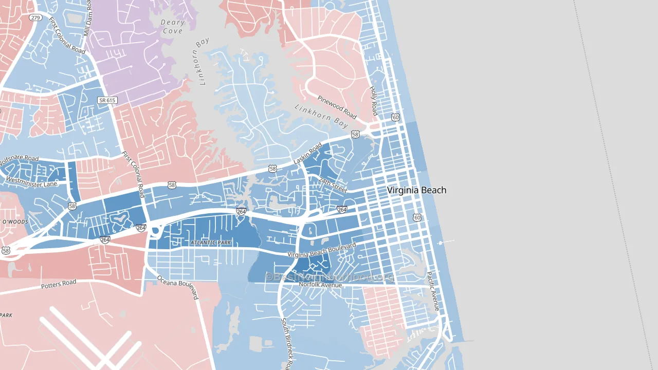Salt Meadow Bay, Virginia Beach, VA block-group political-lean map