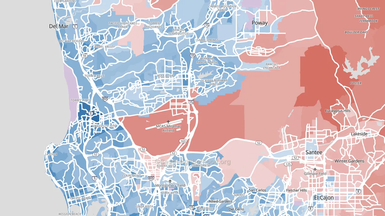 San Diego County, CA block-group political-lean map