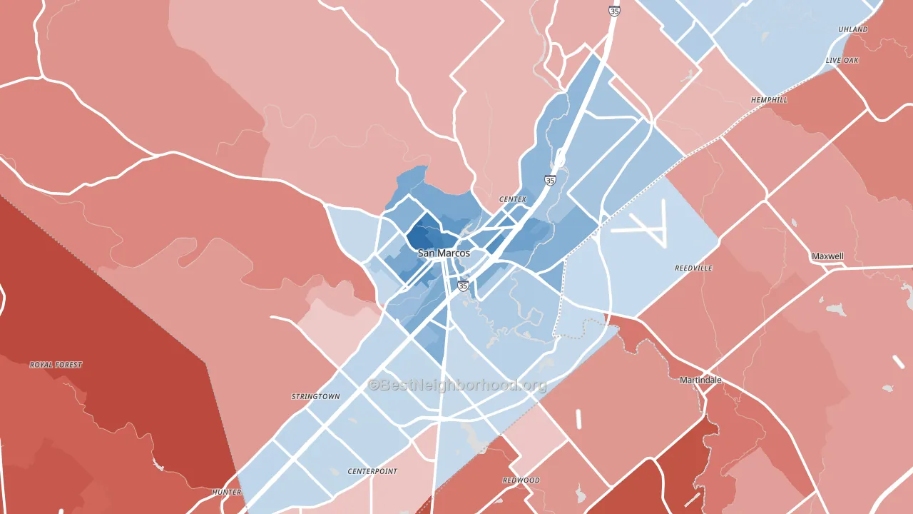 San Marcos, TX block-group political-lean map