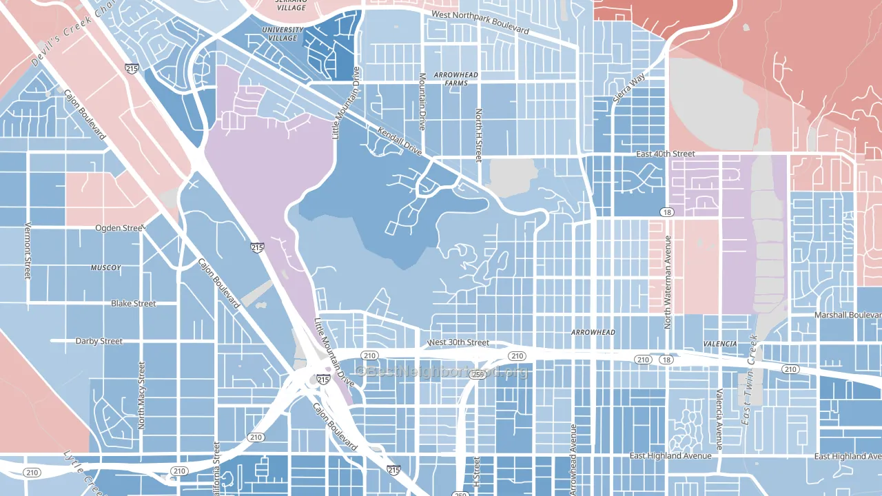 Sandin Hills, San Bernardino, CA block-group political-lean map