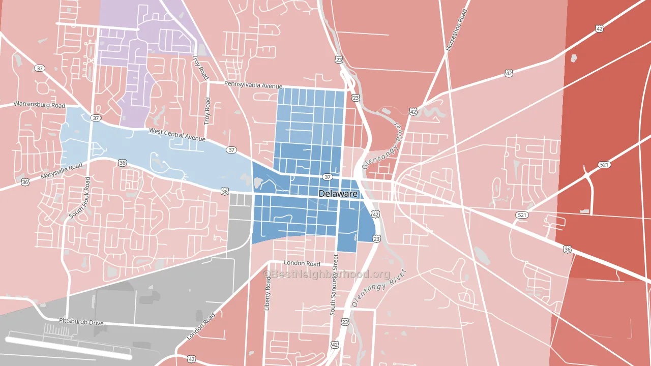 Sandusky Street Historic District, Delaware, OH block-group political-lean map