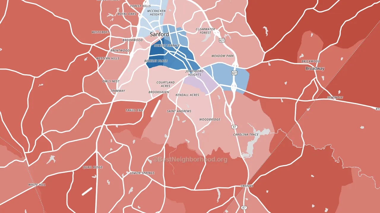 Sanford, NC block-group political-lean map
