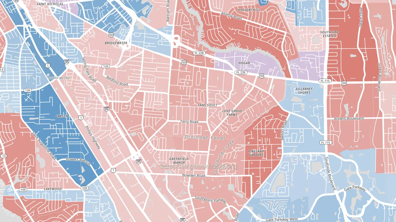Sans Souci, Jacksonville, FL block-group political-lean map