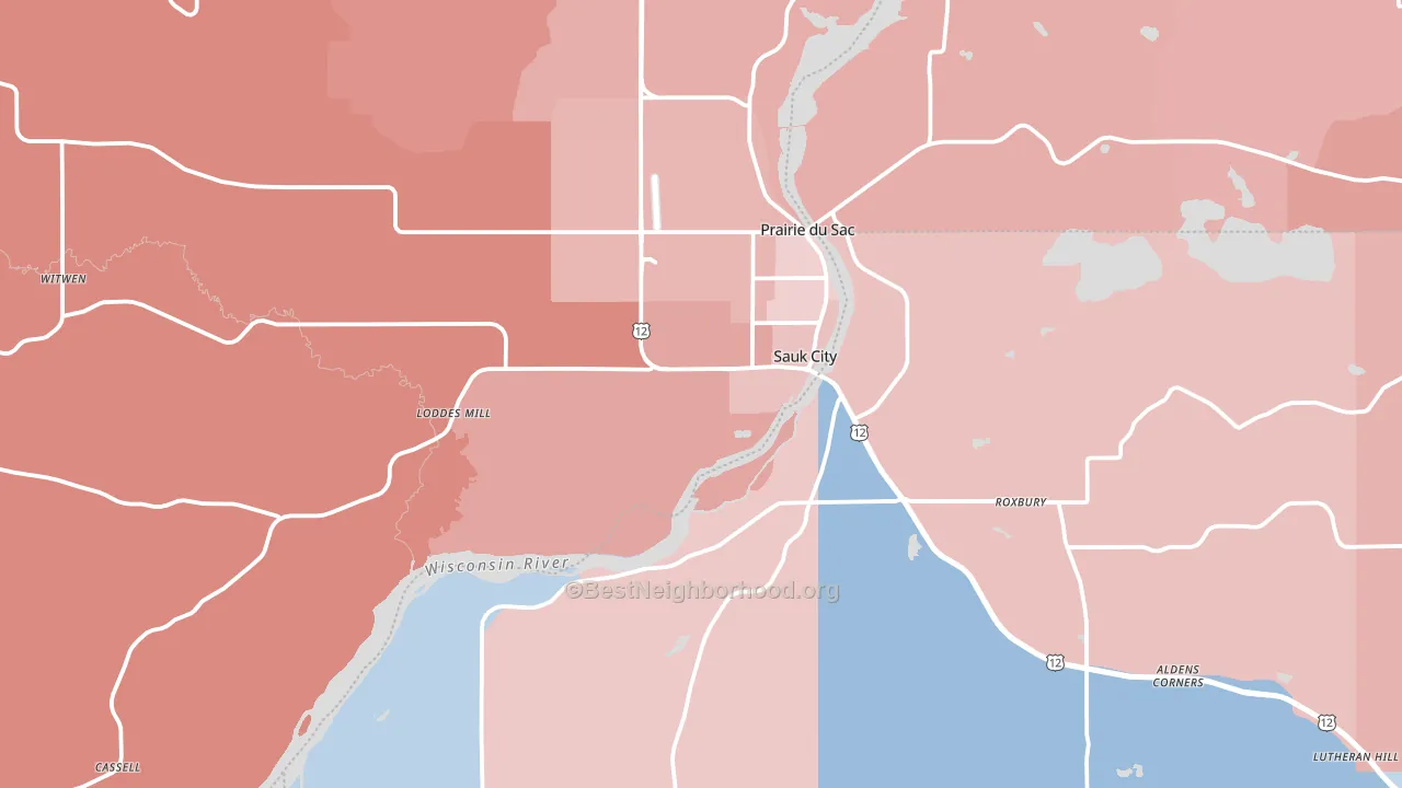 Sauk City, WI block-group political-lean map